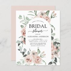 an elegant floral bridal shower card with pink flowers and greenery on the front