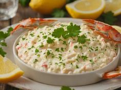 crab dip with lemon and parsley in a bowl