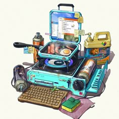 a drawing of an old fashioned record player with various items around it, including a keyboard and mouse