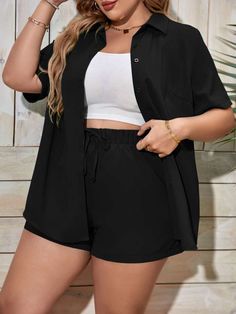 Free Returns ✓ Free Shipping✓. SHEIN EZwear Plus Button Front Shirt & Tie Waist Shorts- Plus Size Co-Ords at SHEIN. Outfit With Shorts Plus Size, Button Down Plus Size Outfit, Shorts And Shirts Women, Plus Size All Black Outfit Summer, Crop Top For Plus Size Woman, Styling Black Shorts Summer Outfits, All Black Summer Outfits Plus Size, Black Shorts Black Shirt Outfit, Plus Size Black Shorts Outfit