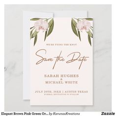 save the date card with pink flowers and leaves