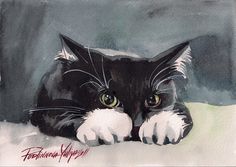 a painting of a black and white cat laying on the ground with its paw resting on it's paws