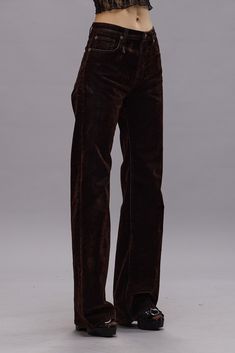 Fitted high rise slim leg jean featuring a subtle flare for a long, lean silhouette. Built with comfort stretch Italian indigo denim coated with a deep brown flock for a velvet-like feel. MADE IN ITALY Color: Flocked Brown 93% Cotton, 6% Viscose, 1% Elastane R13W7020-D266A Harness Boots, Indigo Denim, Skirt Jumpsuit, Deep Brown, Sweater Pants, Denim Coat, Slim Leg, Short Jacket, Slim Legs