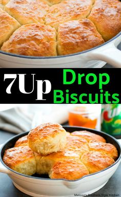 a pan filled with biscuits and the words 7 up drop biscuits in front of it