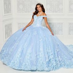 Quinceanera, Off-the-shoulder Princesa Dress With Three-dimensional Flowers Quinceñera Dresses, Lace Beading, Cathedral Train, Lace Ball Gowns, Prom Designs, Quince Dresses, Layered Skirt, Quinceanera Dresses, Prom Gown