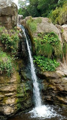 there is a waterfall in the middle of some rocks and plants growing on top of it