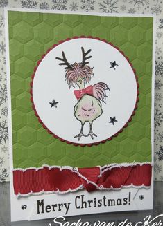 a christmas card with an image of a rooster wearing a red bow on it's head