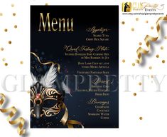 a black and gold masquerade party menu