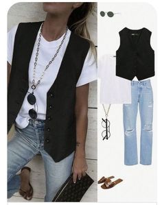 Tshirt Vest Outfit, Vest With Tshirt, Tshirt Business Casual, Vest Top Outfits, Vest Outfit Women, Black Vest Outfit, White Tshirt Outfit, Street Style Outfits Casual, Vest Outfits For Women