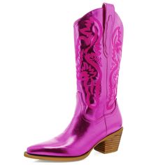 PRICES MAY VARY. Featuring: western-inspired embroidery, oversized side pull tabs for a pull-on design, structured upper, low stacked block heel, closed pointed toe. Western-inspired embroidery and seaming accent the vamp and shaft. Slip-on design. Metallic Embroidered Fabric: Metallic Pink Pointed-Toe Slip-On Cowboy Boots perfect for festival nights spent dancing with your friends. So on-trend, easy to wear with shorts, skirts, dresses, anything! Immediate style that will become your new go-to Hot Pink Boots Outfit, Pink Boots Outfit, Hot Pink Boots, Embroidered Cowboy Boots, Core Outfits, Nostalgia Core, Womens Cowgirl Boots, Metallic Boots, Boots Chunky