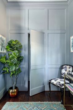 a living room with a chair and a potted plant in the corner next to an open door