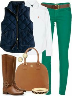 Preppy Mode, Blue Vest, Green Jeans, Green Pants, Looks Chic, Fall Winter Outfits, Look Chic, Preppy Style