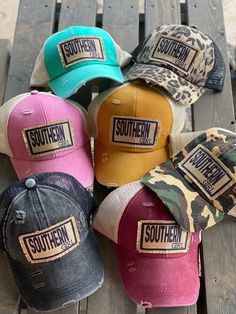 Southern girl distressed ponytail cutout hats Distressed Summer Trucker Hat, Distressed Trucker Hat For Summer, Distressed Snapback Baseball Cap For Spring, Summer Distressed Snapback Trucker Hat, Trendy Distressed Baseball Cap, Casual Baseball Cap With Patches, Spring Distressed Snapback Baseball Cap, Distressed Trucker Hat For Baseball Season, Distressed Baseball Cap With Curved Bill For Spring