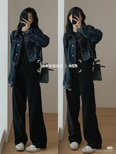 Black Sando Outfit, Korean Smart Casual Outfit, All Black Outfit Korean, Smart Girl Outfit, Korean Simple Outfits, Celana Jogger Wanita, 00s Mode