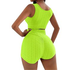 Fluorescent Green Sleeveless Tank with Short Sports Set Green Sleeveless Sports Bra For Yoga, Sleeveless Green Sports Bra For Yoga, Green Sleeveless Sports Bra For Light Sports, Green Sleeveless Sports Bra For Gym, Green Sleeveless Gym Top, Yellow Sleeveless Stretch Sports Bra, Yellow Stretch Sleeveless Activewear, Yellow Stretch Sleeveless Sports Bra, Green Moisture-wicking Sleeveless Sports Bra