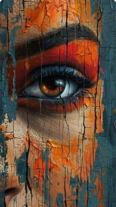 a woman's face painted on wood with orange and blue paint, including the eye