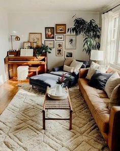 a living room filled with furniture and lots of plants on the wall next to a piano