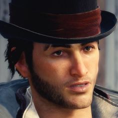 a man wearing a top hat and looking at the camera with a serious look on his face