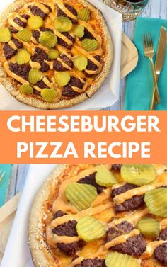 cheeseburger pizza recipe with pickles on top and an image of the pie