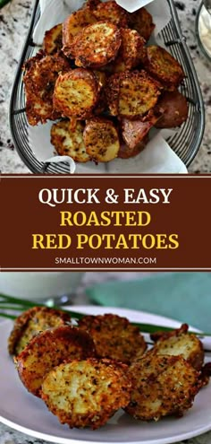 roasted red potatoes on a plate with text overlay that reads quick and easy roasted red potatoes