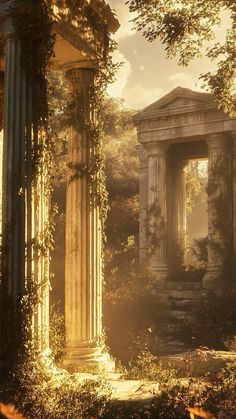 the ruins of an ancient greek city are surrounded by greenery and stone pillars with columns on either side