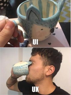 two pictures with the same person drinking out of a cup, and one has an animal head on it