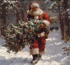 a man dressed as santa claus carrying a christmas tree