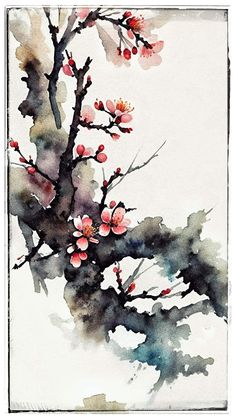 Japan Watercolor Painting, Rosé Core, Sakura Tattoo, Korean Art, Plum Blossom, Sumi E