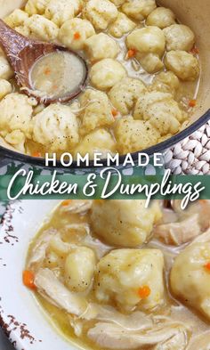 homemade chicken dumplings in a bowl with a spoon