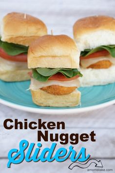 three chicken nugget sliders on a blue plate with the title above it