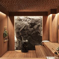 an indoor sauna with wooden benches and lights on the ceiling is lit by stars