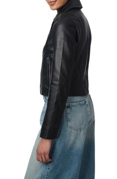 A smooth faux-leather moto jacket offers edgy style featuring a tonal asymmetric zip closure and a waist-length crop. Asymmetric zip closure Notched lapels Lined 100% polyurethane with polyester backing Spot clean Imported Fitted Leather Jacket With Metal Zipper For Spring, Fall Leather Jacket With Asymmetrical Zip, Chic Fitted Biker Jacket With Metal Zipper, Sleek Leather Jacket With Asymmetrical Zip For Fall, Chic Fitted Leather Jacket, Chic Fitted Leather Jacket With Metal Zipper, Fitted Moto Leather Jacket With Asymmetrical Zip, Fitted Leather Jacket With Side Zipper For Fall, Sleek Leather Jacket With Zipper Closure