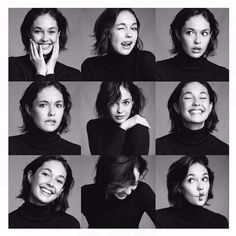 black and white photograph of various expressions of a woman smiling with her hands on her face