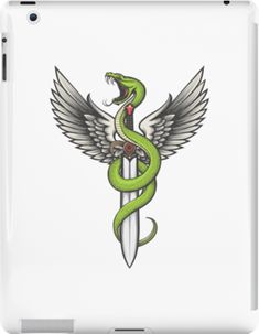 Slim impact-resistant polycarbonate case with protective lip and full access to device ports. Vibrant colors embedded directly into the case for longevity. Available for iPad 4/3/2. Snake with Wings and Sword drawn in tattoo style. Snake With Wings, Asa Logo, Knife Logo, Vintage Style Tattoos, Knife Tattoo, Wing Tattoo Designs, Angel Wings Tattoo, Leg Tattoo Men, Dagger Tattoo