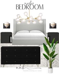 a bedroom with black and white furniture and accessories, including a chandelier above the bed