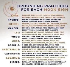 a sign with words and pictures on it that read grounding practices for each moon sign