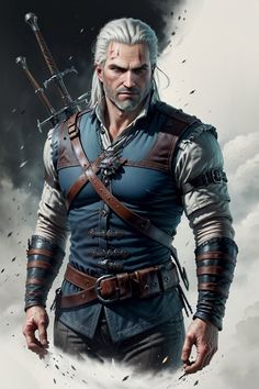 an image of a man with white hair and beards holding two swords in his hands