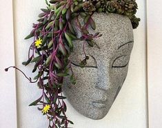 a stone head with plants growing out of it