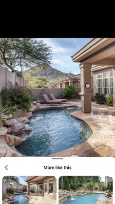 an image of a home with a pool in the middle and landscaping around it,