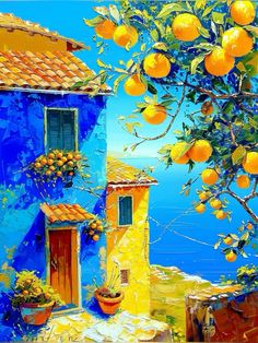 a painting of an orange tree in front of a blue house with yellow shutters