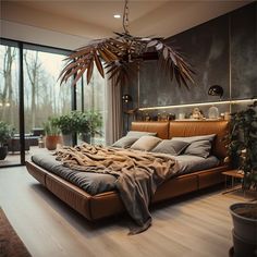 a bedroom with a large bed and lots of plants in the window sill area