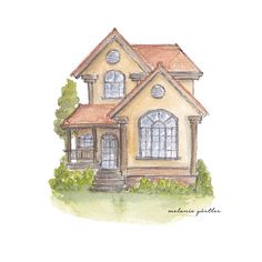 a watercolor painting of a yellow house