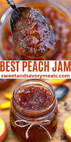 a spoon full of jam with the words best peach jam above it