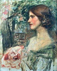 a painting of a woman with flowers in her hair and green dress holding a pink flower