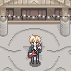 the pixel art shows a man in a suit and tie holding a guitar while standing next to a wall