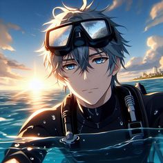 an anime character in the water with goggles on his head and wearing a scuba suit