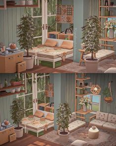 two pictures of a living room with couches, tables and potted trees in it