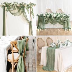 the table is decorated with flowers and greenery for an elegant wedding reception or special event