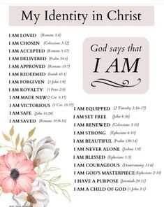 a poster with the words,'my identity in christ'and an image of flowers