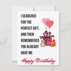 a birthday card with a teddy bear holding a gift box and heart balloon on it